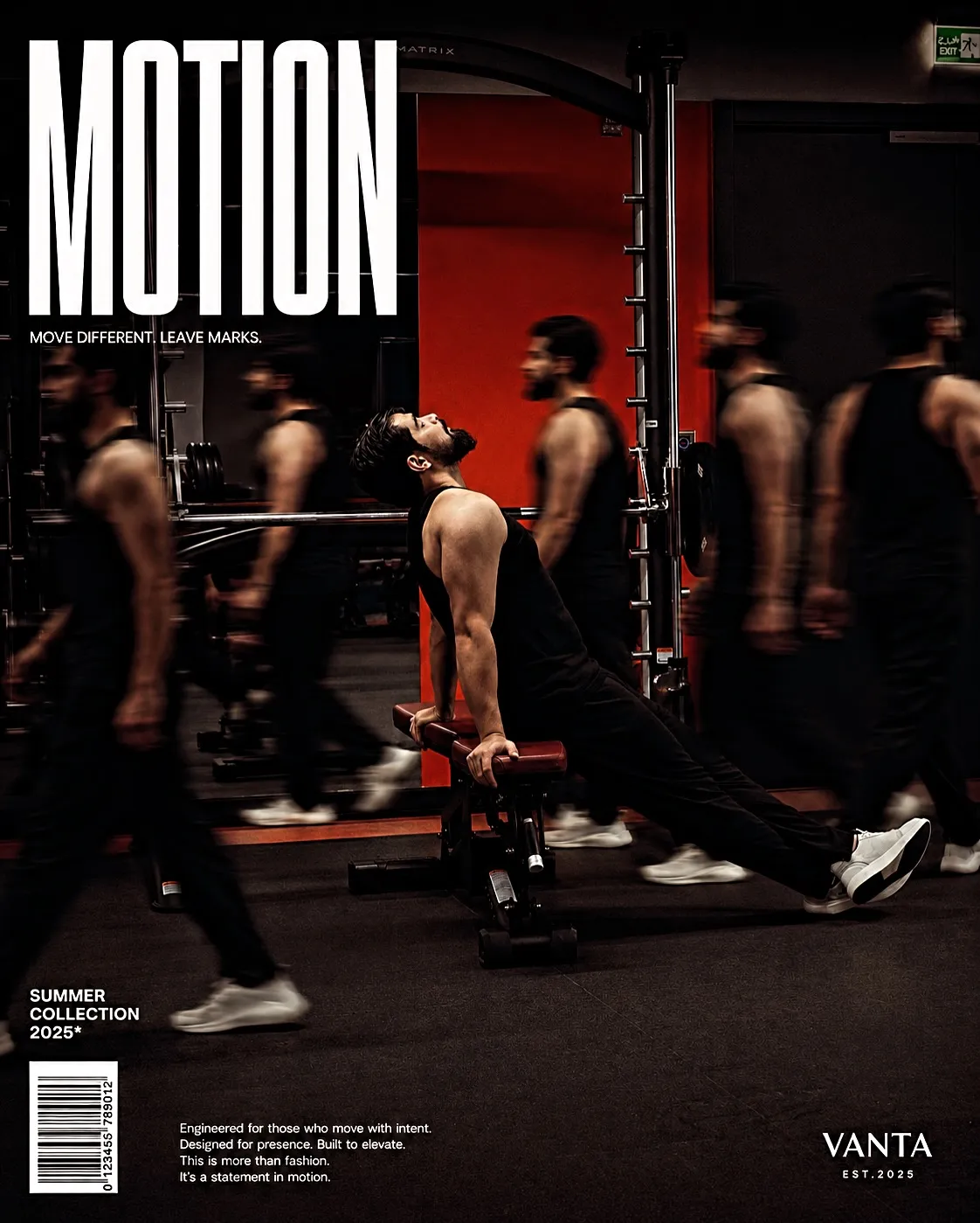 MOTION fashion campaign poster with motion blurred figures in a red gym